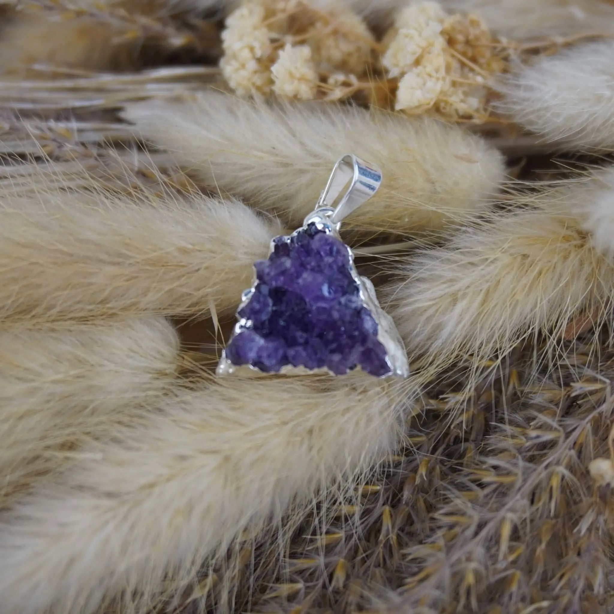 Amethyst Druse Kettenanhänger mit Silberfassung dekoriert auf beigen Trockenpflanzen