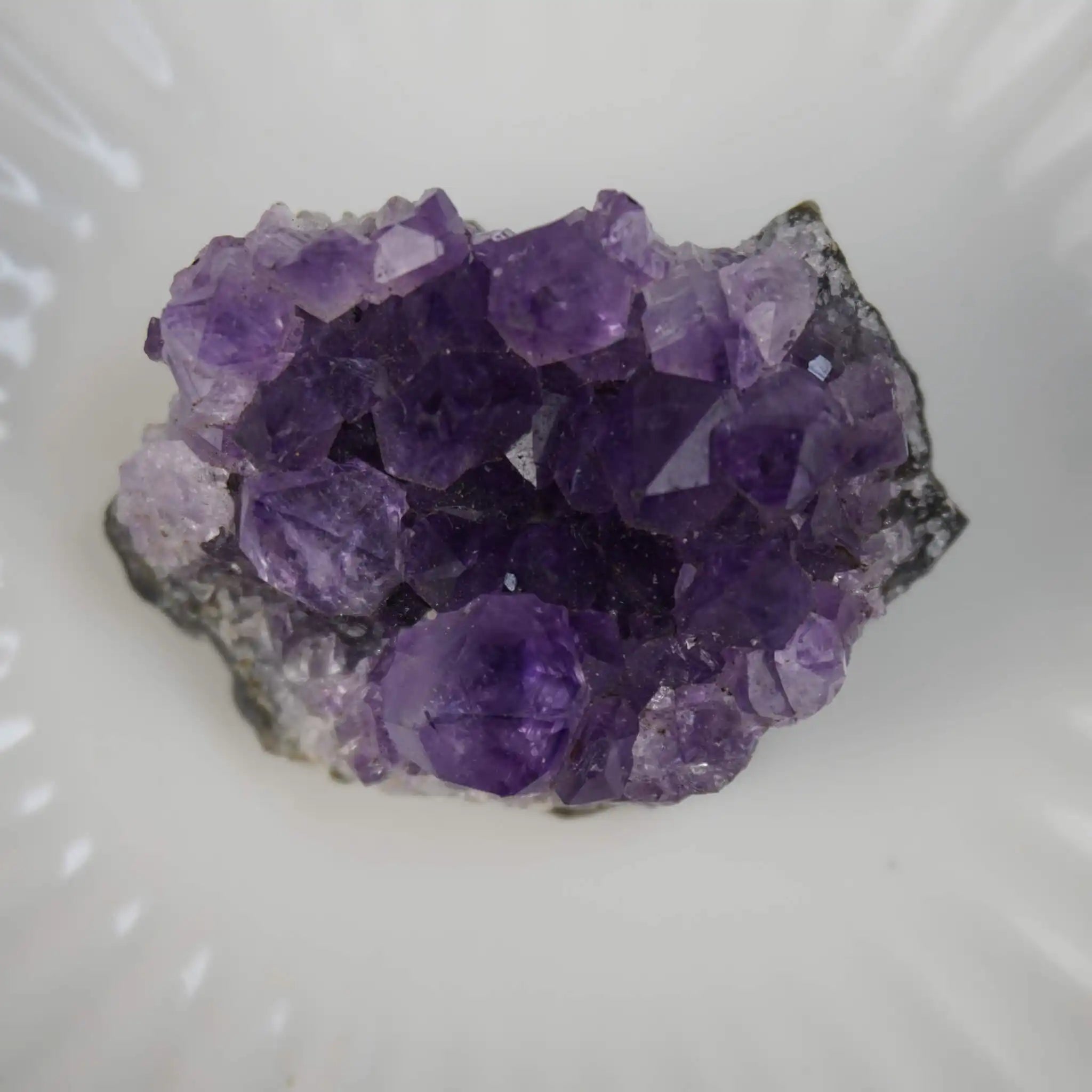 Amethystdruse auf weißem Teller