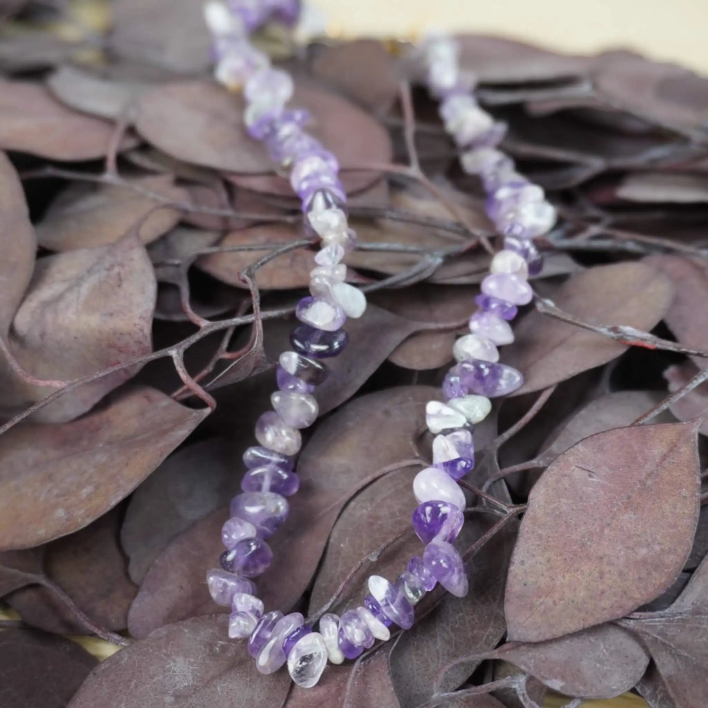 Amethyst Halskette mit violetten Splittersteinen auf dunklen, getrockneten Blättern platziert