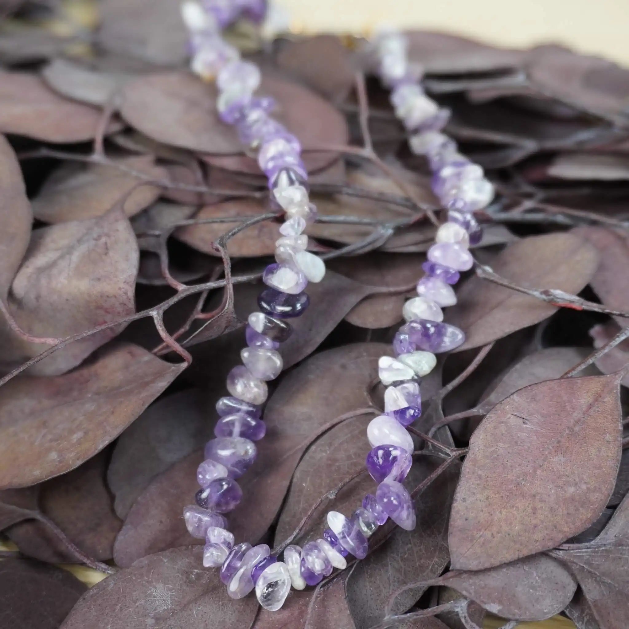 Amethyst Halskette mit violetten Splittersteinen auf dunklen, getrockneten Blättern platziert