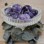 Mehrere Amethyst Trommelsteine in einer Glas-Schale mit Deko-Blättern