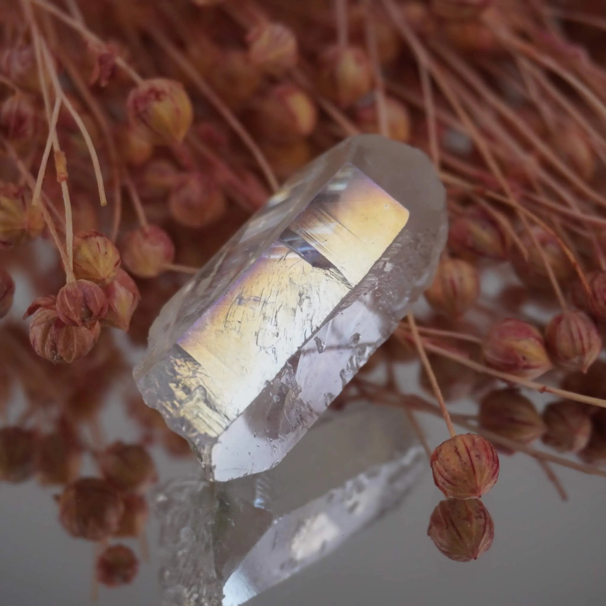 Angel Aura Bergkristall Spitze vor rosafarbenen Trockenblumen dekorativ arrangiert