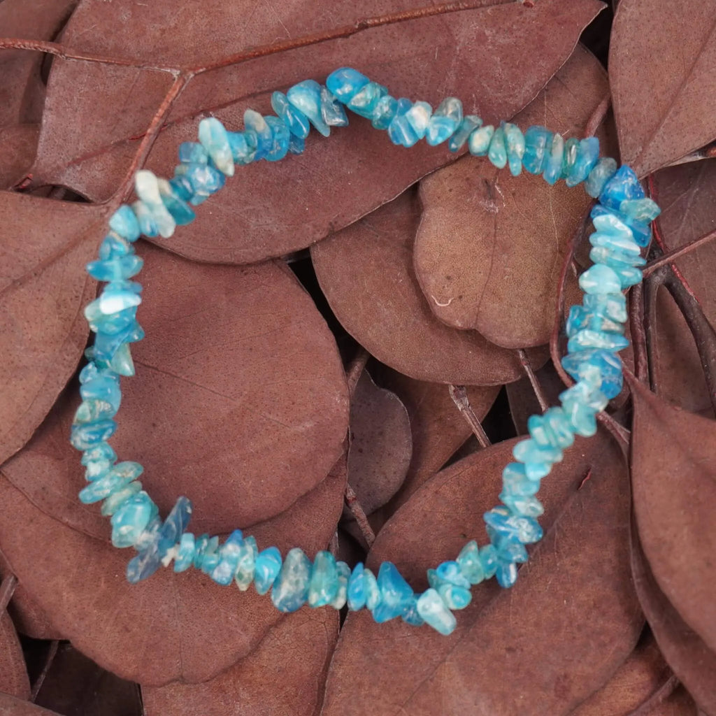 Apatit Splitterarmband liegend auf violett-braunen Blättern, modern in Szene gesetzt