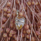 Citrin Kettenanhänger mit Silberfassung vor rosa Trockenblumen arrangiert