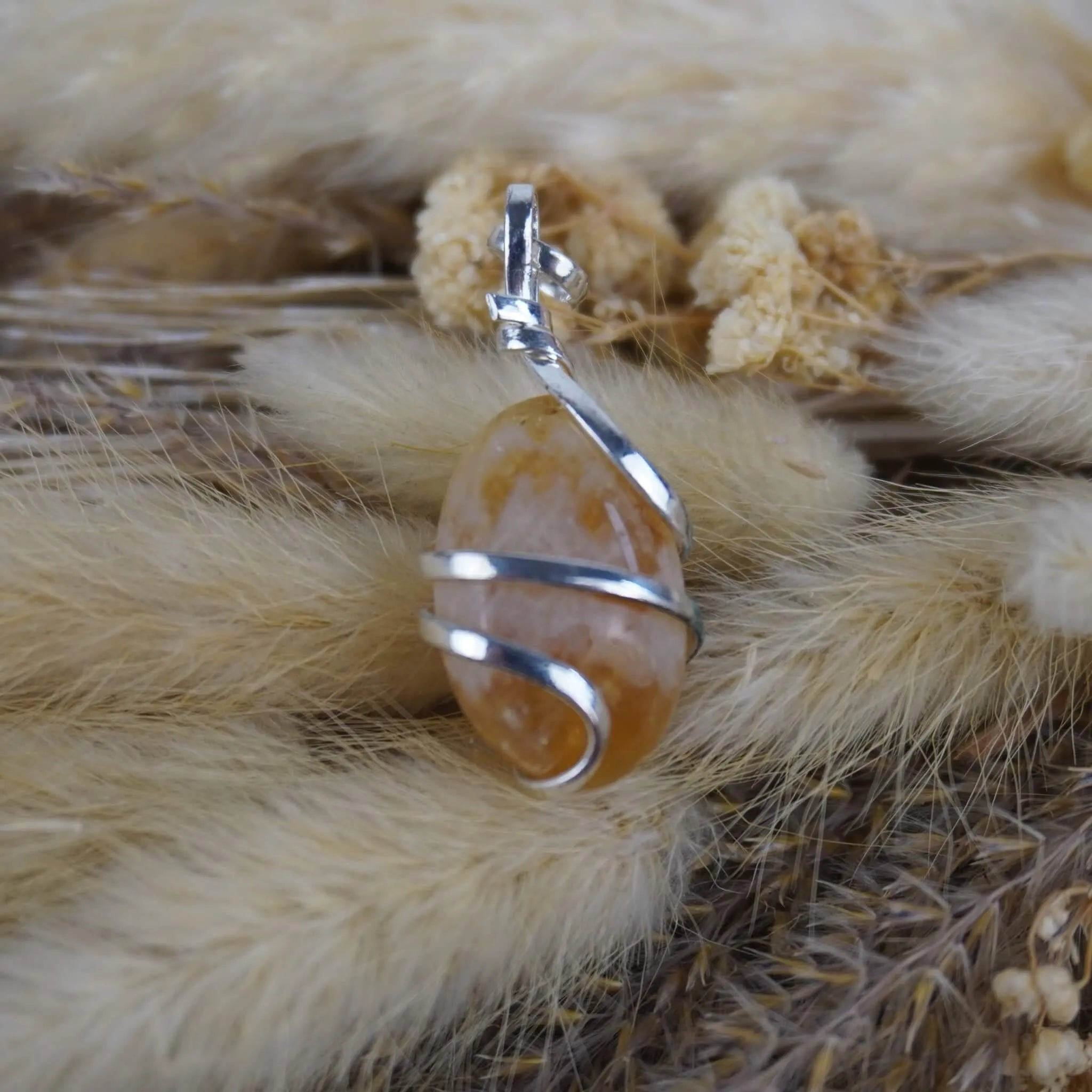 Citrin Kettenanhänger mit silberner Spiralfassung auf beigen Trockenpflanzen