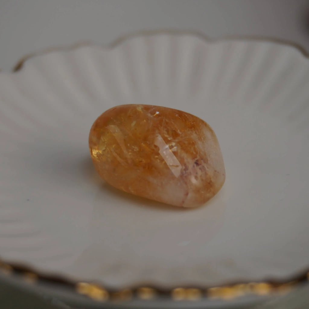 Ein einzelner Citrin Trommelstein auf einer weißen dekorativen Schale mit goldfarbenem Rand