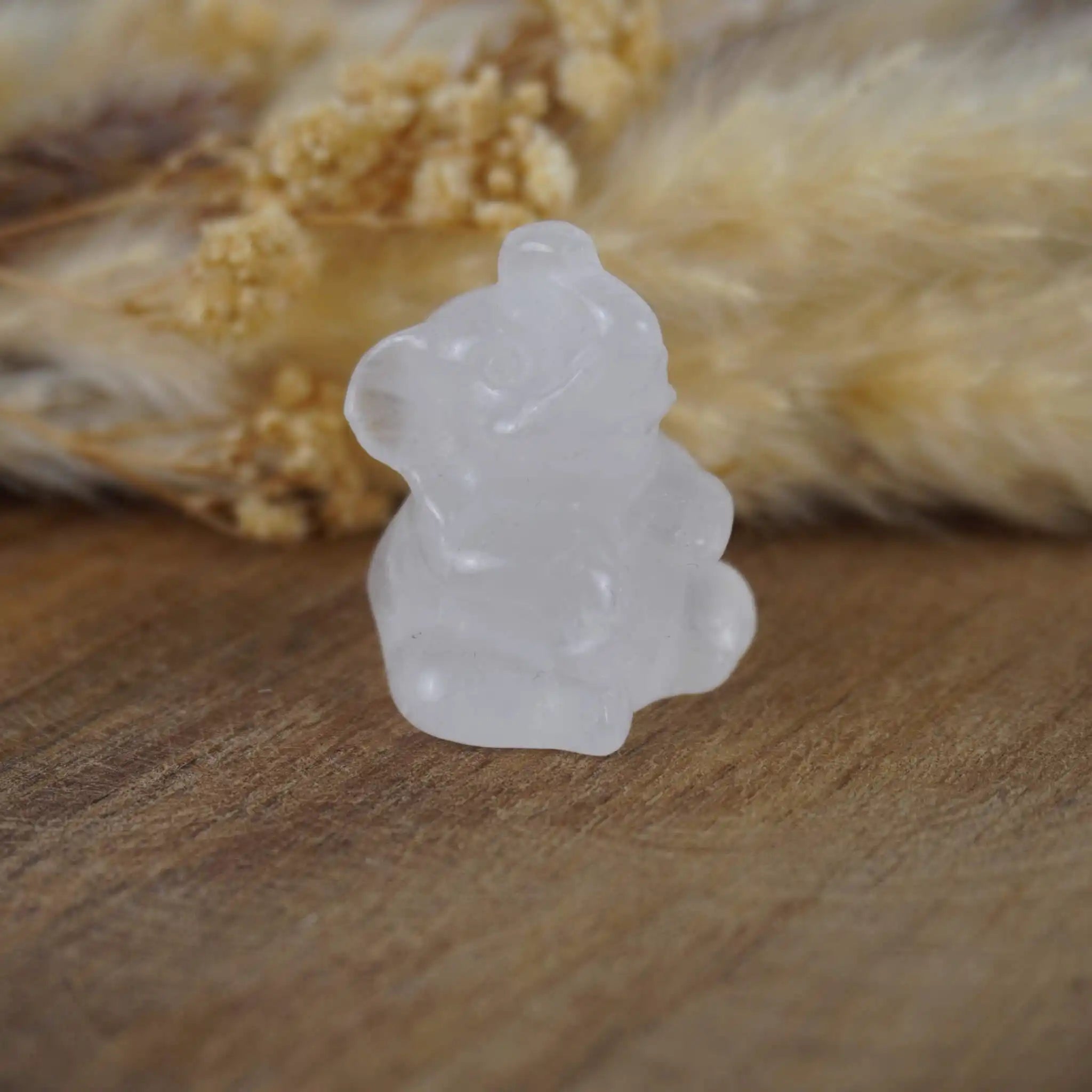 Edelstein Elefantenfigur aus klarem Bergkristall auf Naturdeko
