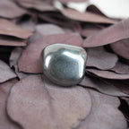 Hämatit Trommelstein mit Spiegelung auf lila Trockenblättern