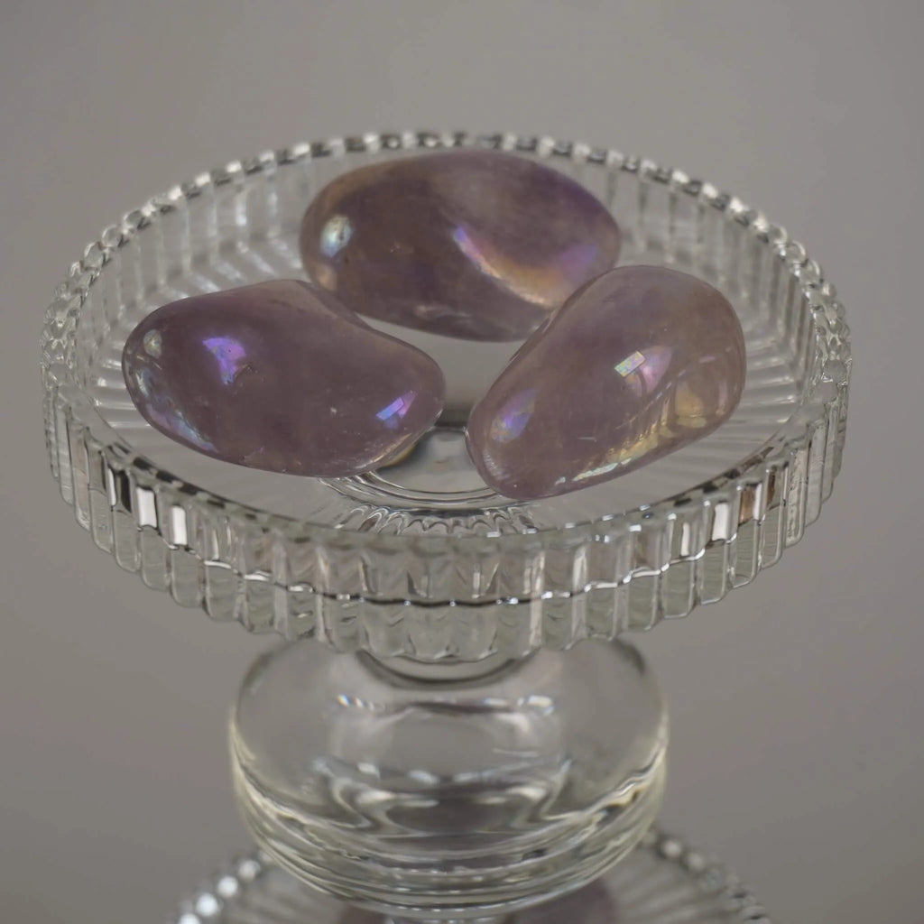 Drei Lila Angel Aura Trommelsteine in dekorativer Glasschale präsentiert
