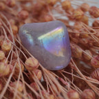 Lila Angel Aura Trommelstein auf rosafarbenen Trockenblumen dekorativ arrangiert