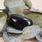 Ein Obsidian Trommelstein auf trockenen Blättern