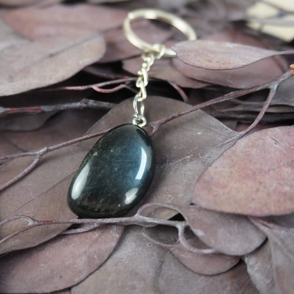 Obsidian Trommelstein Schlüsselanhänger auf dunklen Blättern