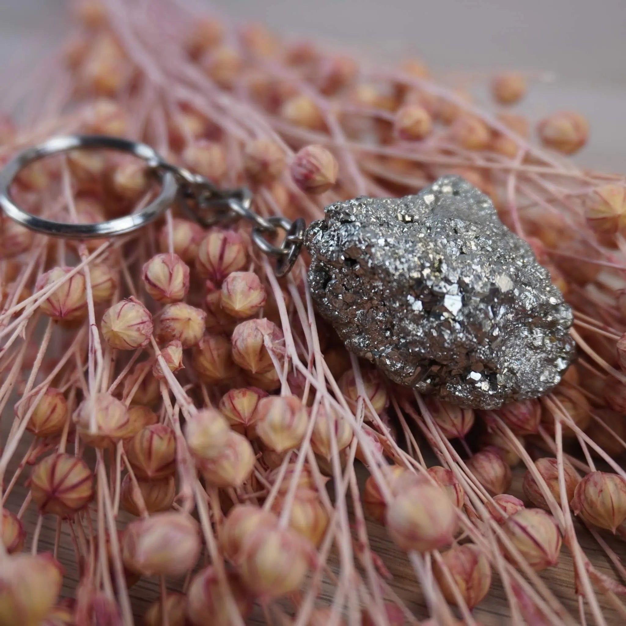 Pyrit Schlüsselanhänger auf rosa getrockneten Gräsern