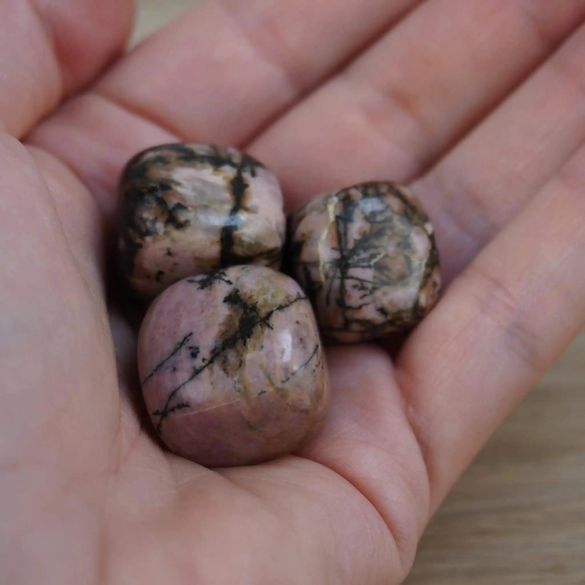 Drei polierte Rhodonit Trommelsteine in einer Hand