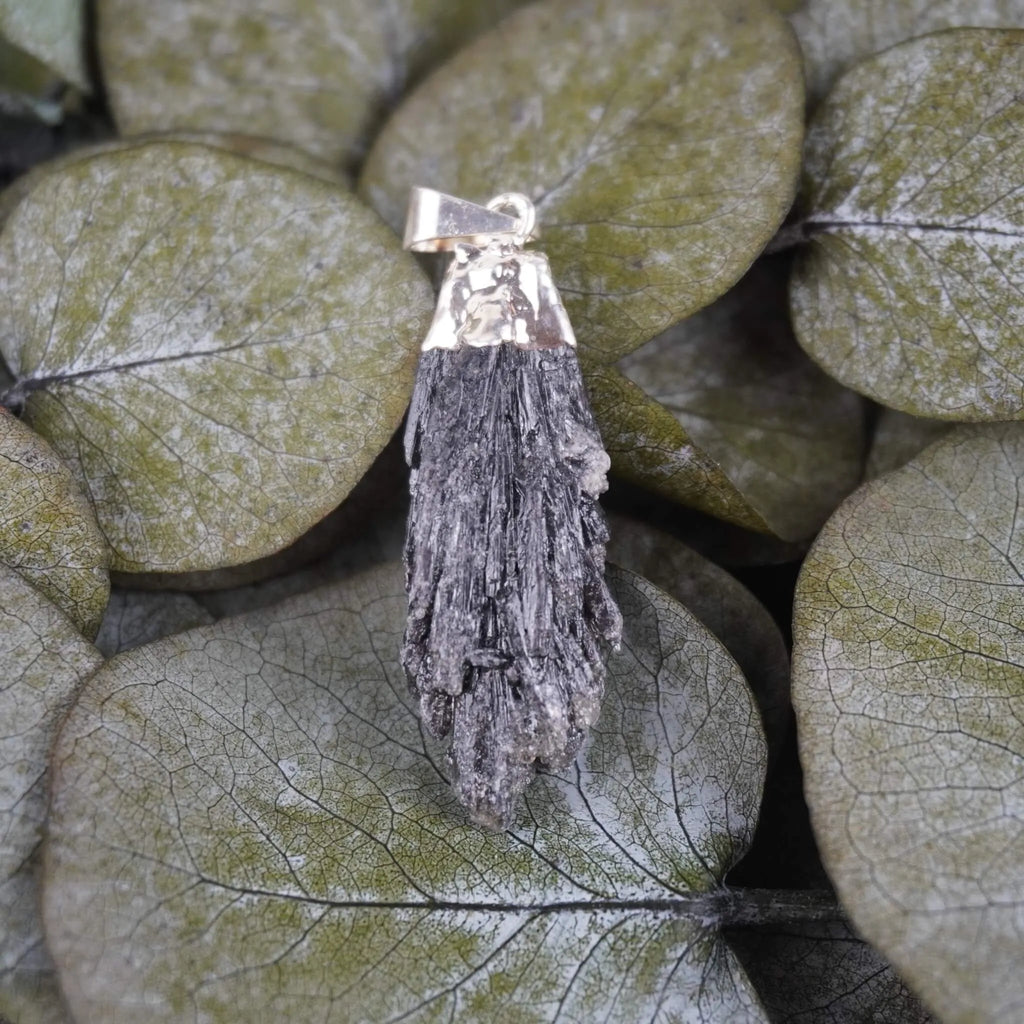 Roher schwarzer Kyanit Kettenanhänger mit silberner Metallkappe auf grünen Eukalyptusblättern