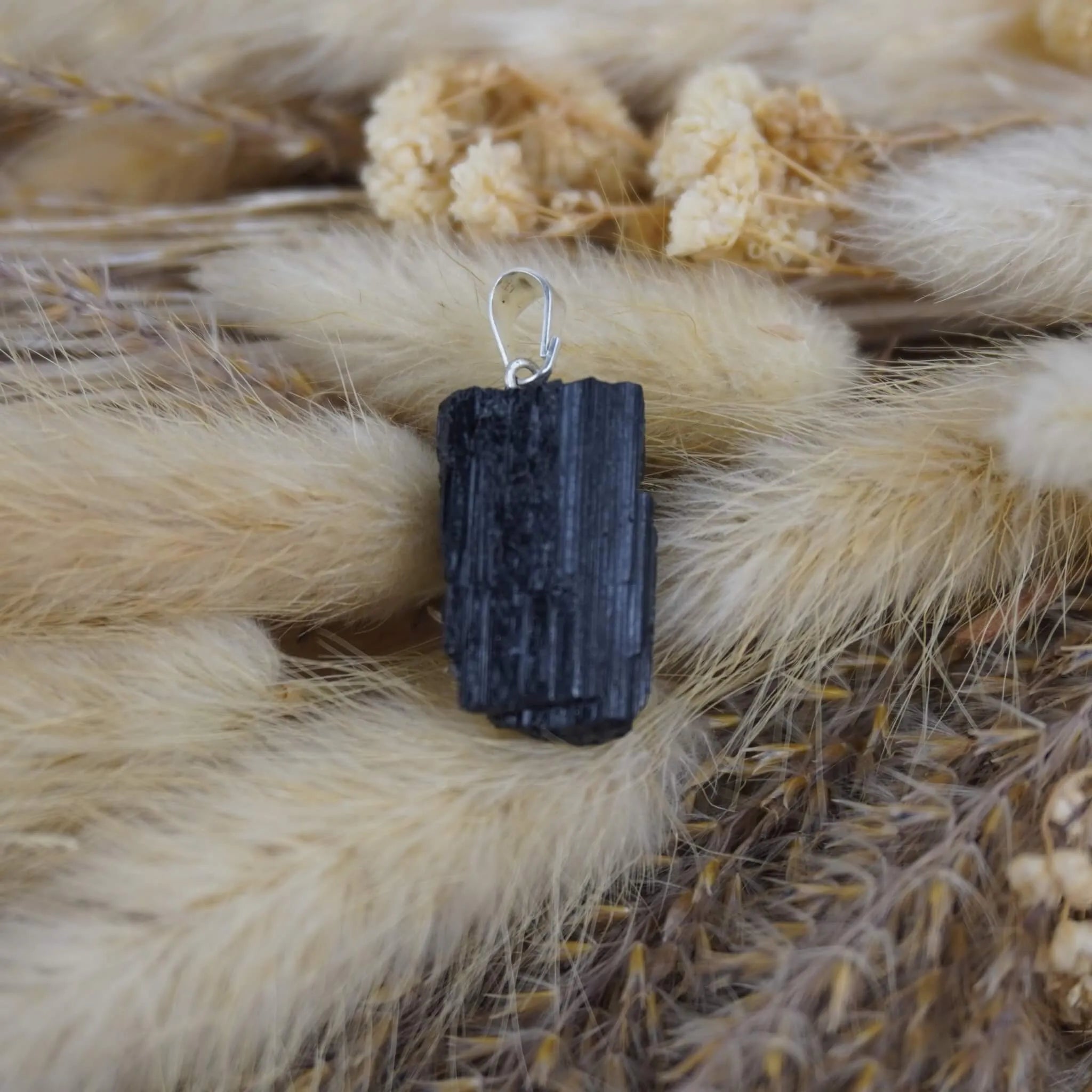 Roher schwarzer Turmalin Kettenanhänger auf beigen Trockenpflanzen