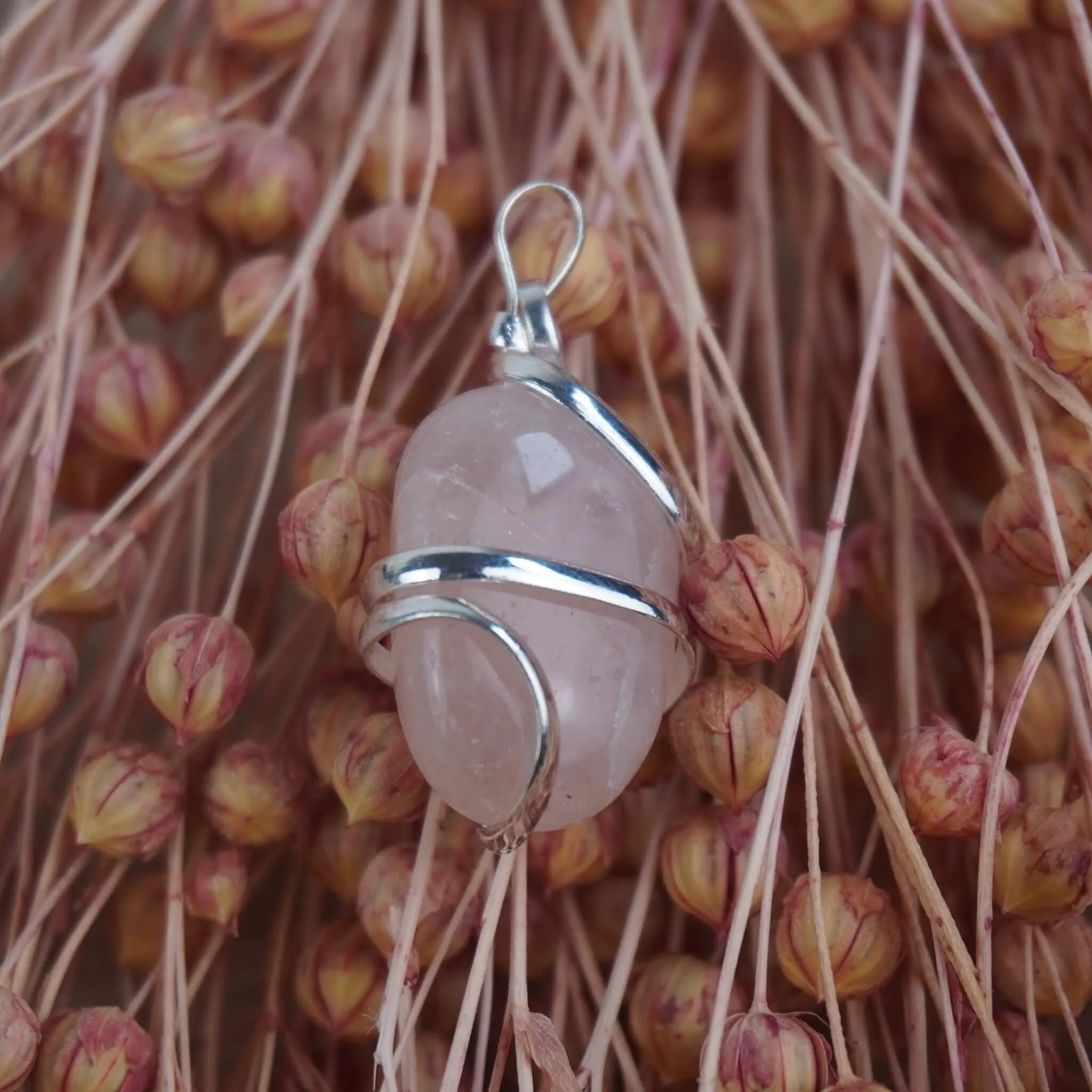 Rosenquarz Kettenanhänger mit silberner Spiralfassung vor rosa Trockenblumen arrangiert