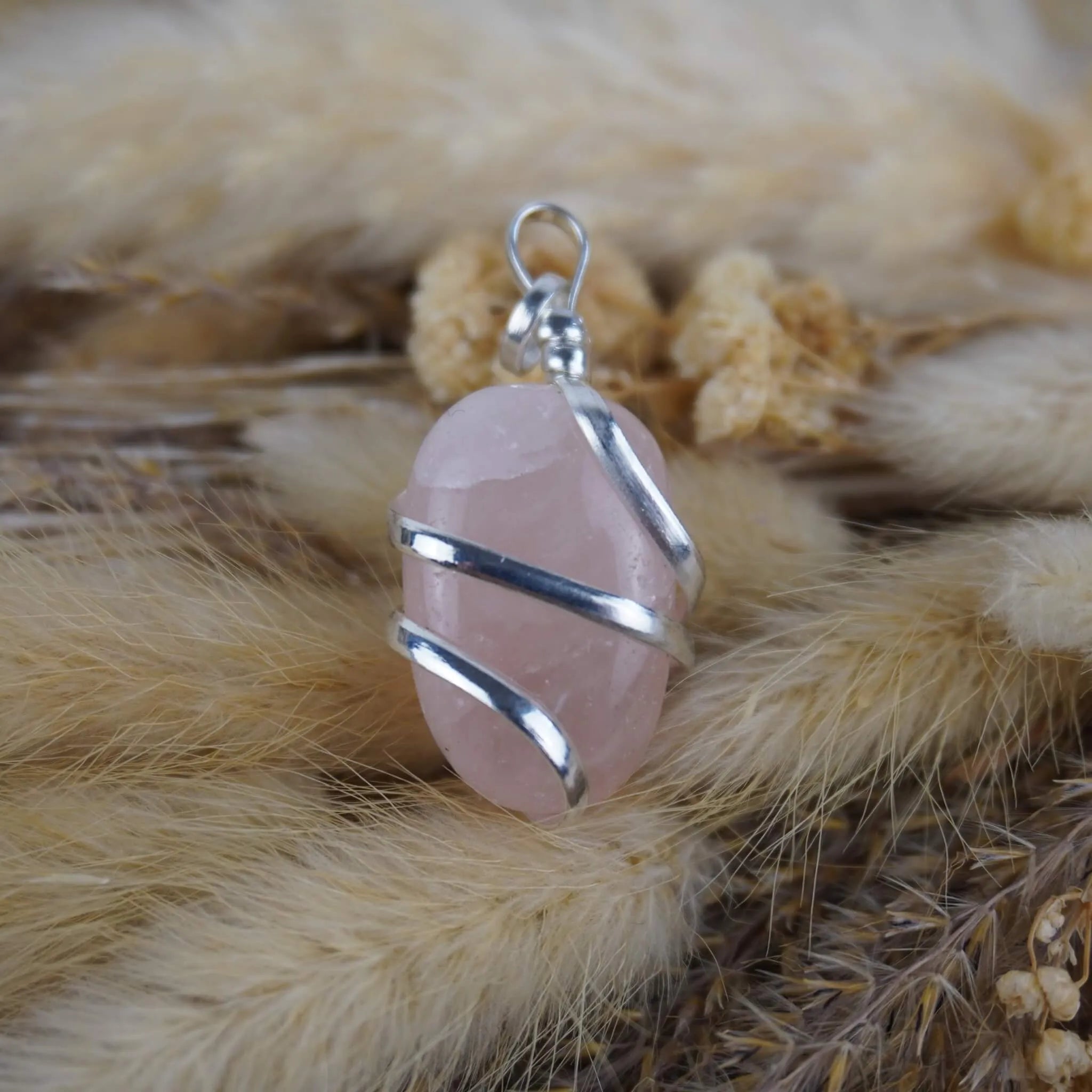 Rosenquarz Kettenanhänger mit Silberfassung auf beigen Trockenpflanzen
