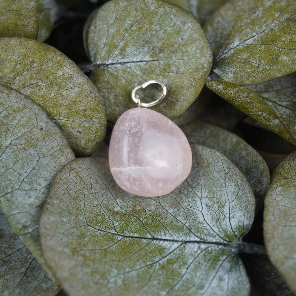 Rosenquarz Trommelstein Kettenanhänger mit silberner Öse dekoriert auf grünen Eukalyptusblättern