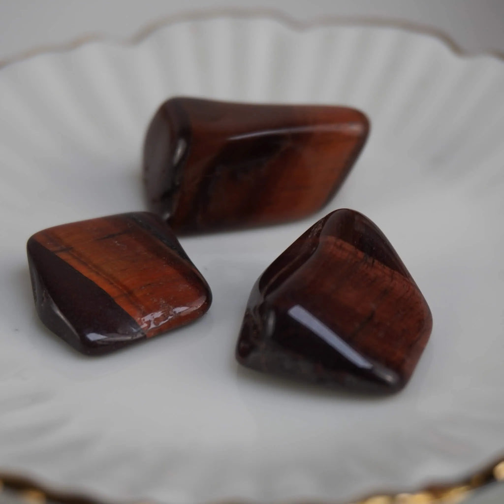 Drei polierte rote Tigerauge Trommelsteine auf weißer Schale mit Goldrand