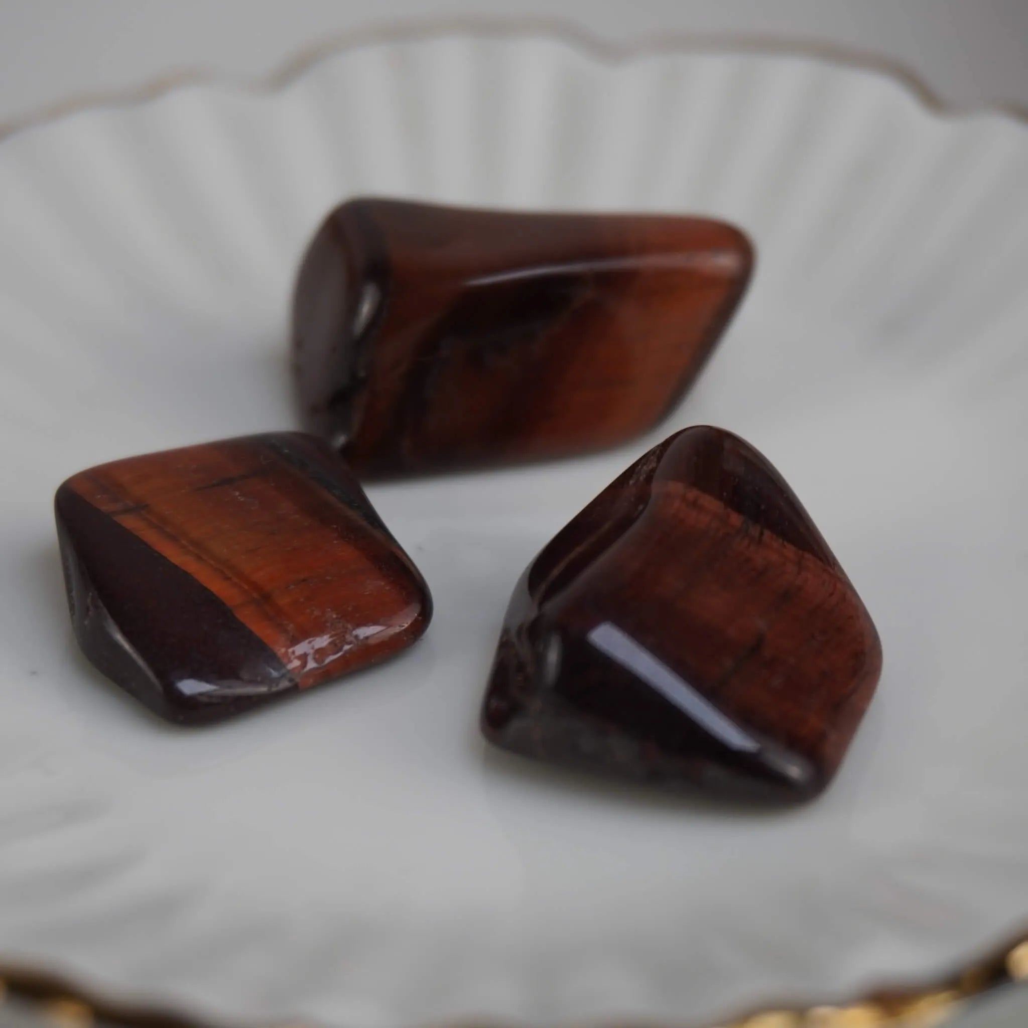 Drei polierte rote Tigerauge Trommelsteine auf weißer Schale mit Goldrand