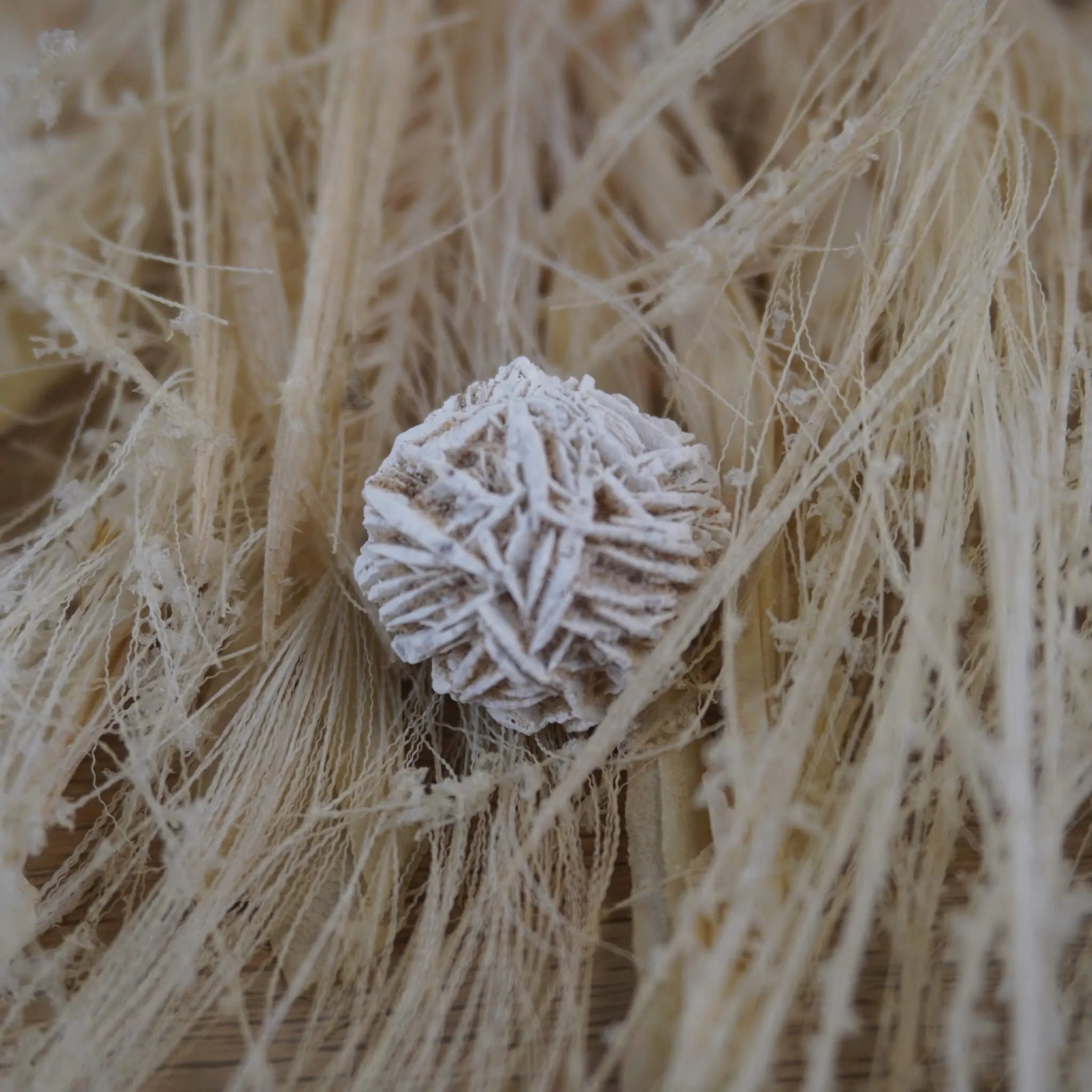 Sandrose Mineral auf hellen natürlichen Fasern