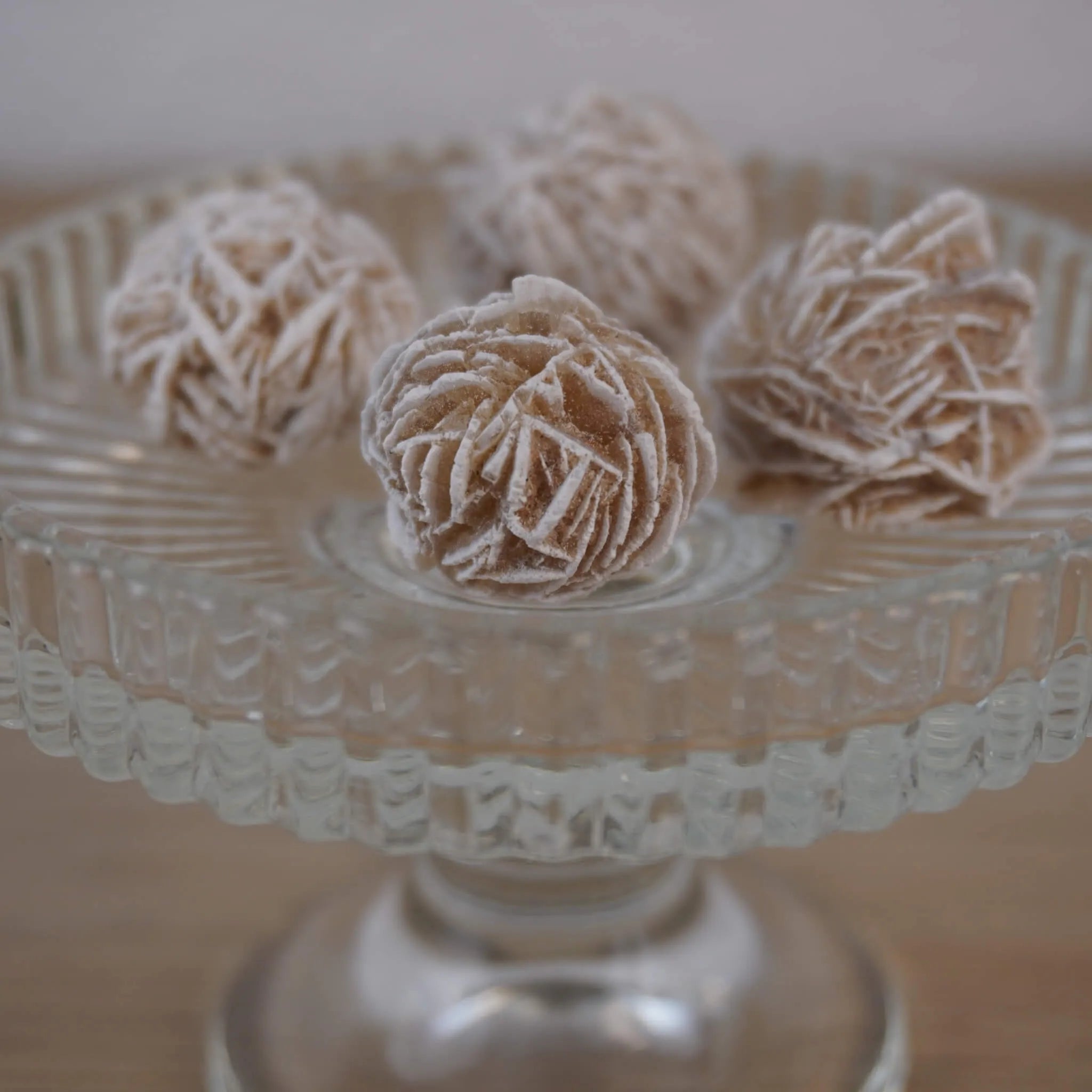 Mehrere Sandrosen Mineralien auf einem gläsernen Ständer arrangiert