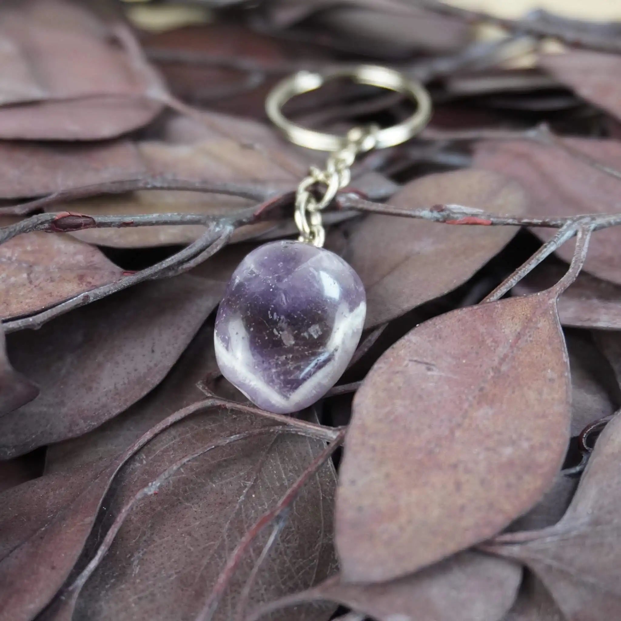 Amethyst Trommelstein Schlüsselanhänger auf braunen Blättern 
