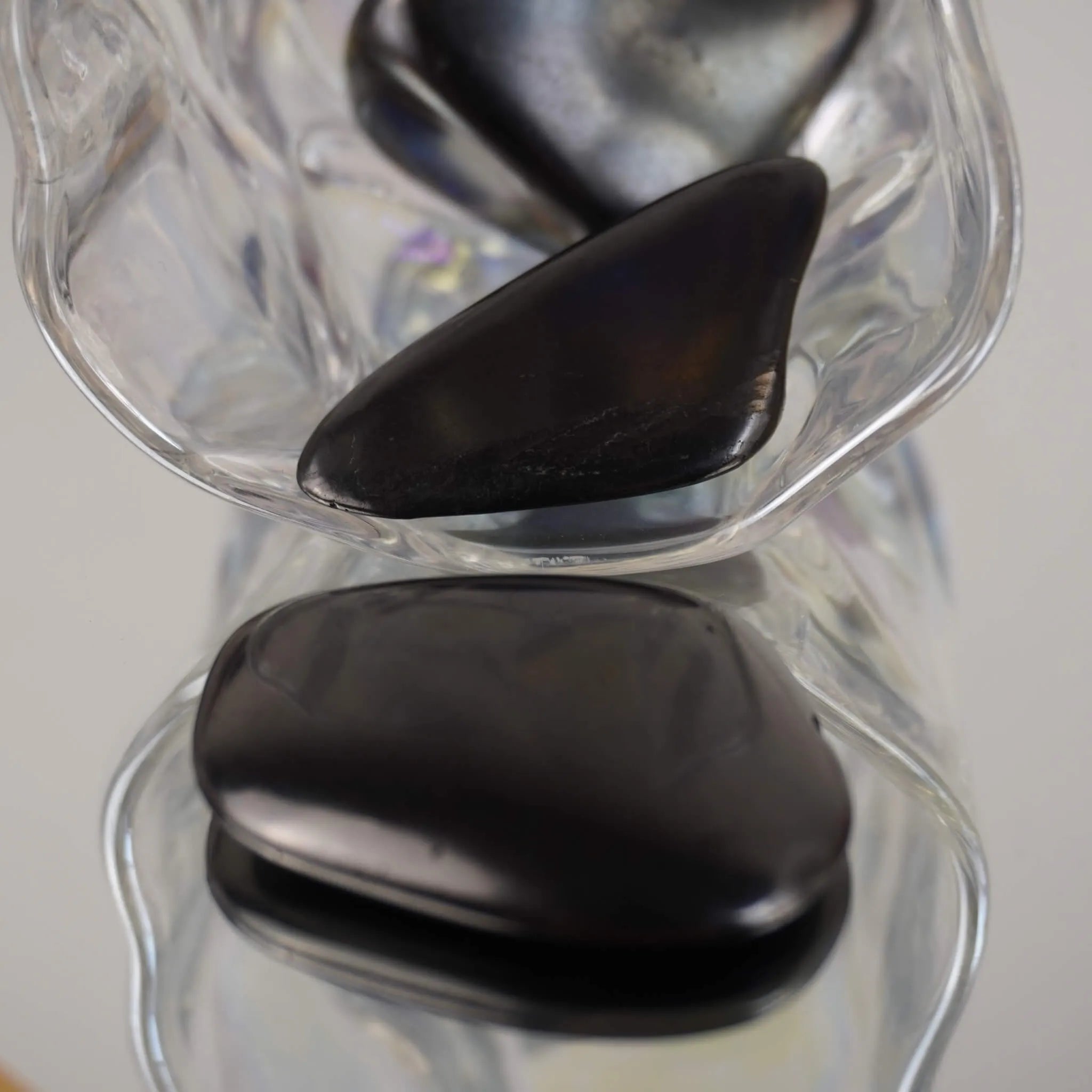 Zwei schwarze Schungit Trommelsteine in transparenter Glasschale mit Spiegelung darunter