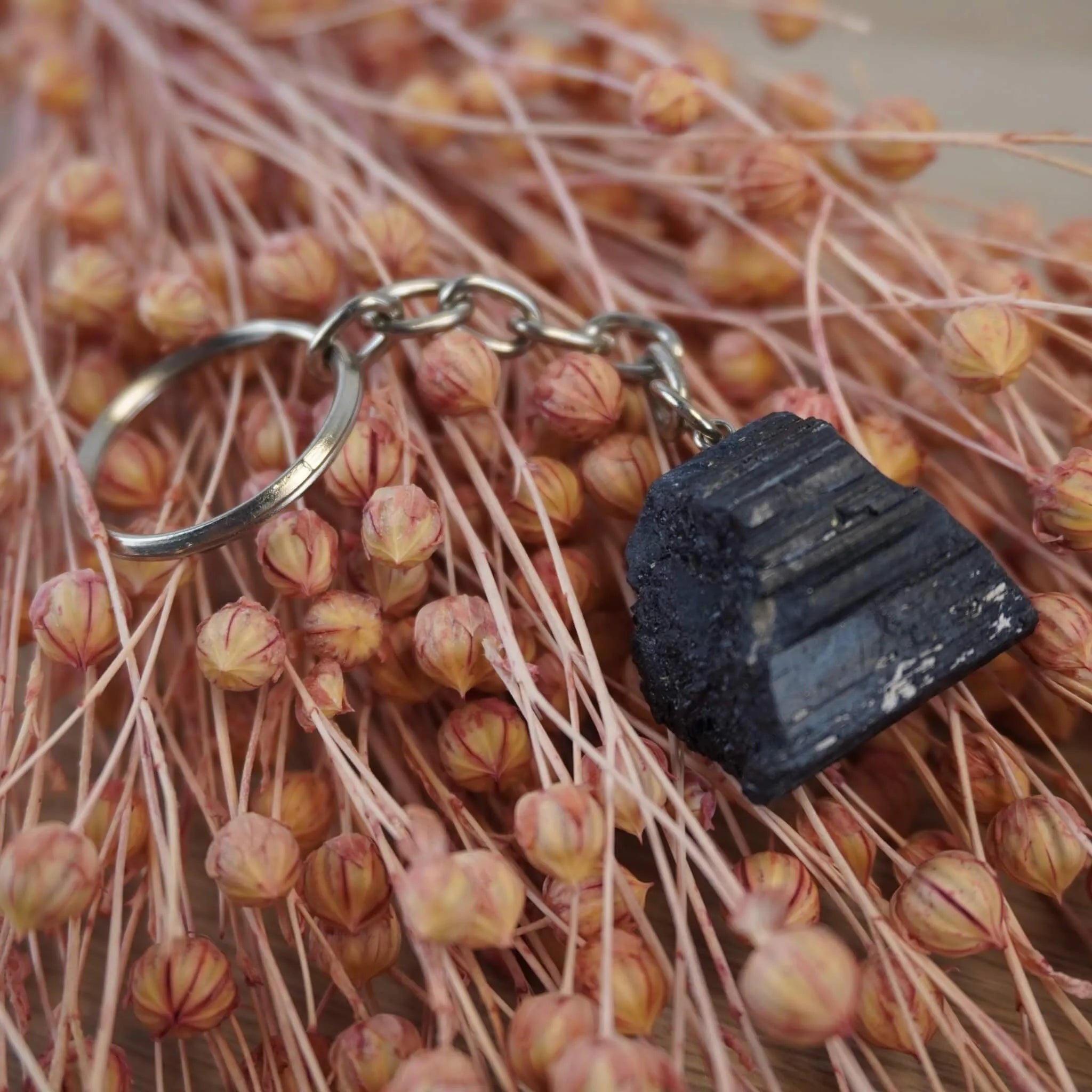 Schwarzer Turmalin Schlüsselanhänger präsentiert auf rosa getrockneten Gräsern