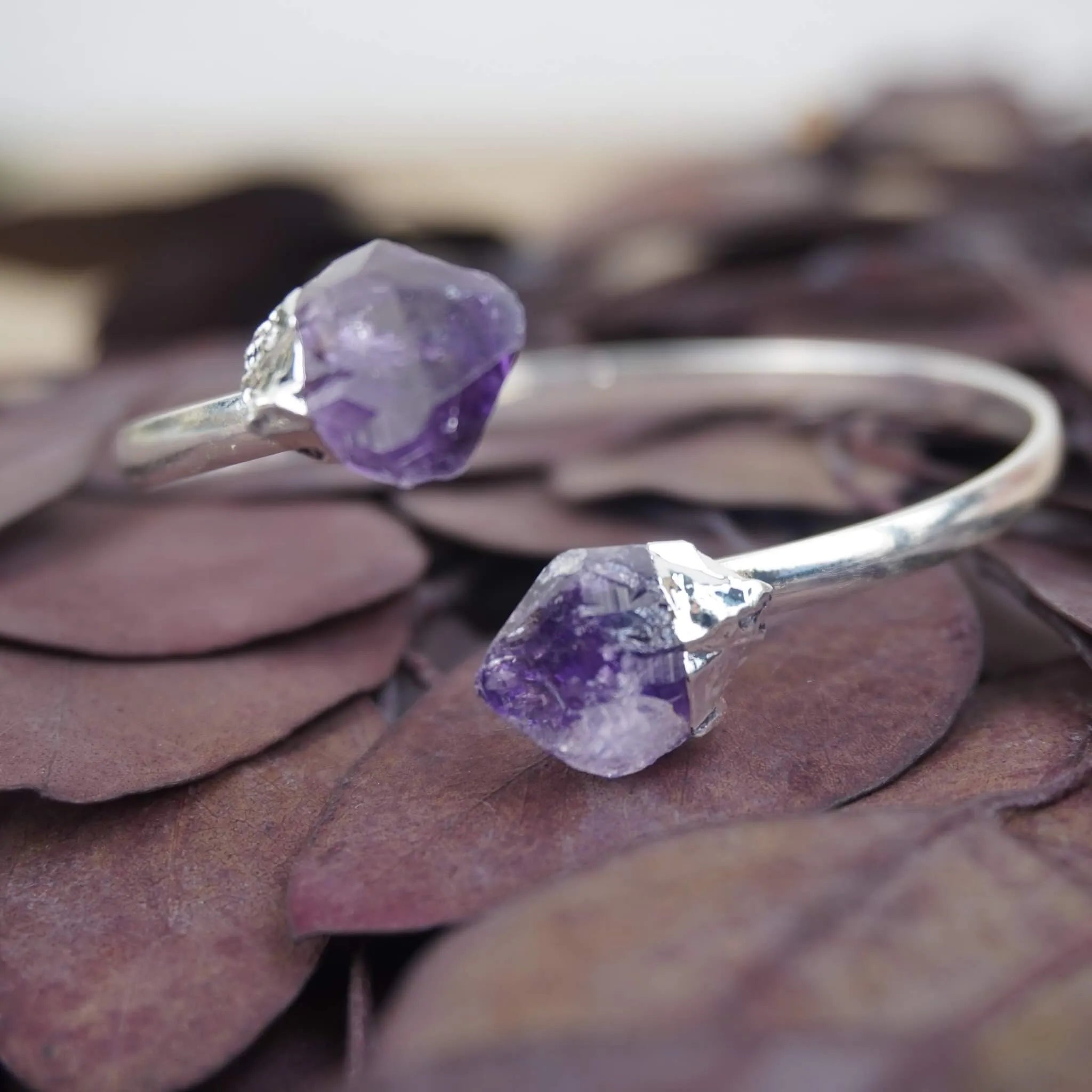 Silberarmreif mit zwei rohen Amethysten arrangiert auf getrockneten Blättern