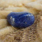 Sodalith Trommelstein arrangiert auf beigen Trockenblumen im warmen Boho-Stil