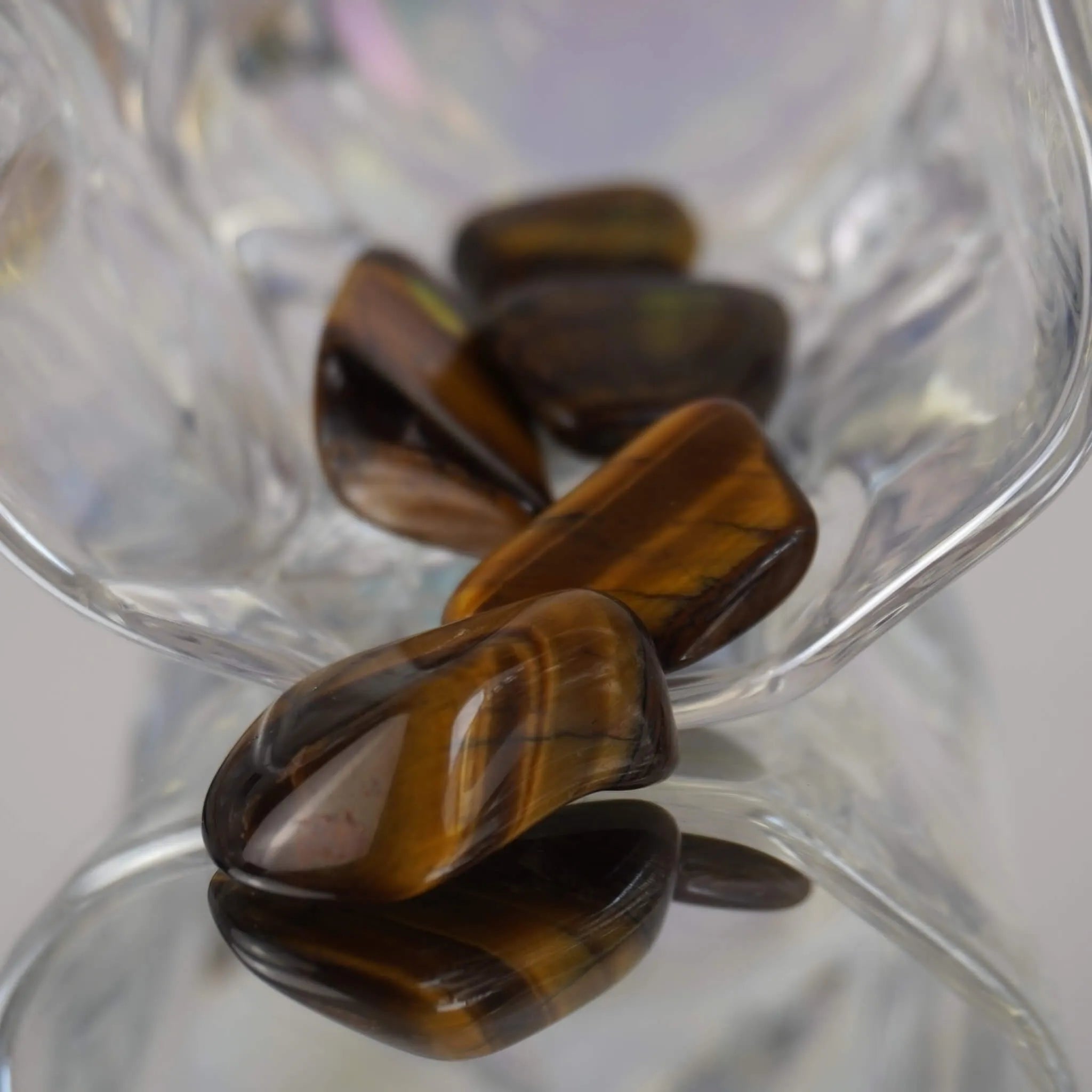 Tigerauge Trommelsteine in geschwungener Glasschale mit Spiegelung