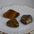 Drei Tigerauge Trommelsteine auf weißem Teller mit Goldrand dekorativ arrangiert